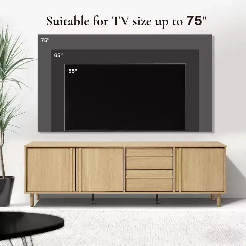 Meuble TV moderne de 70.9 po pour téléviseurs jusqu’à 75 po, meuble multimédia avec tiroirs, brun chêne