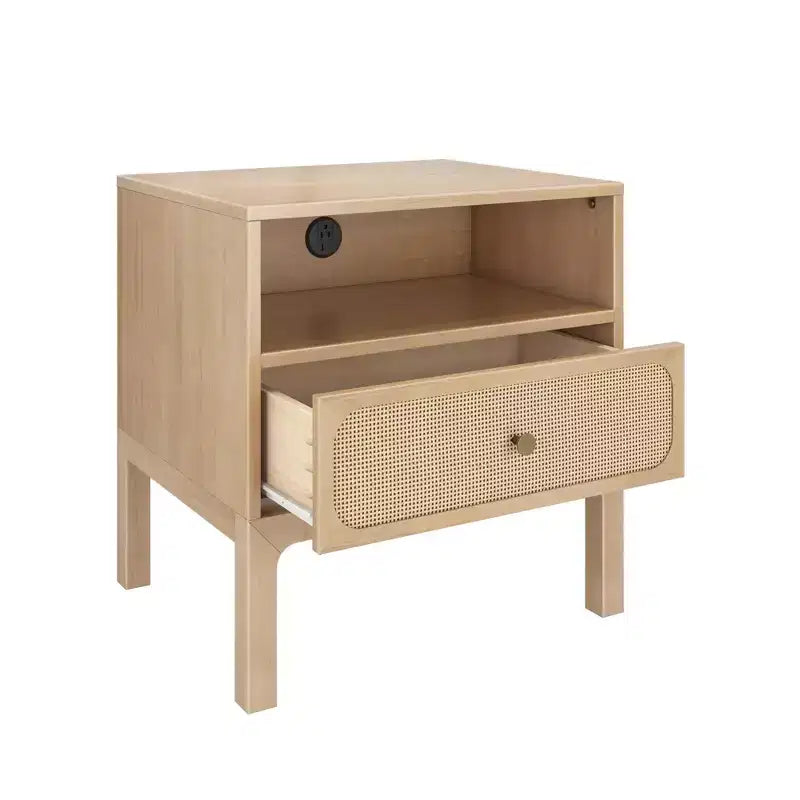 Rattan-Nachttisch mit 1 Schublade, Steckdose und Messingknauf