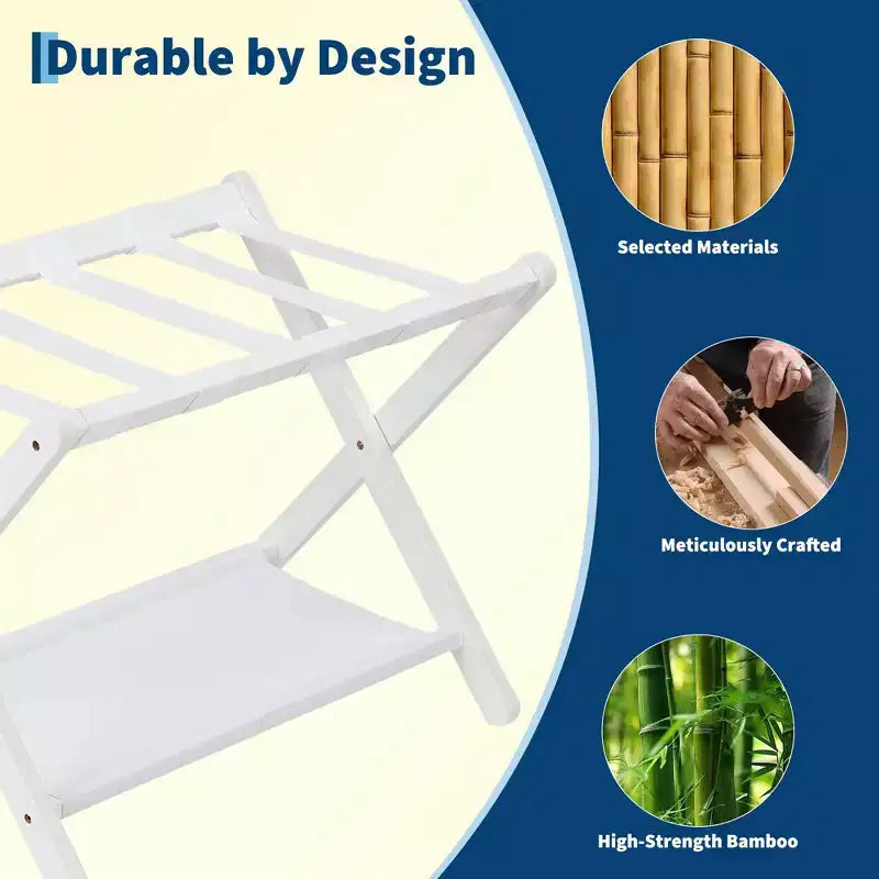 Porte-bagages pliant en bambou avec étagère à 2 niveaux, support blanc pour valise pouvant supporter 110 lb, organisateur de voyage peu encombrant