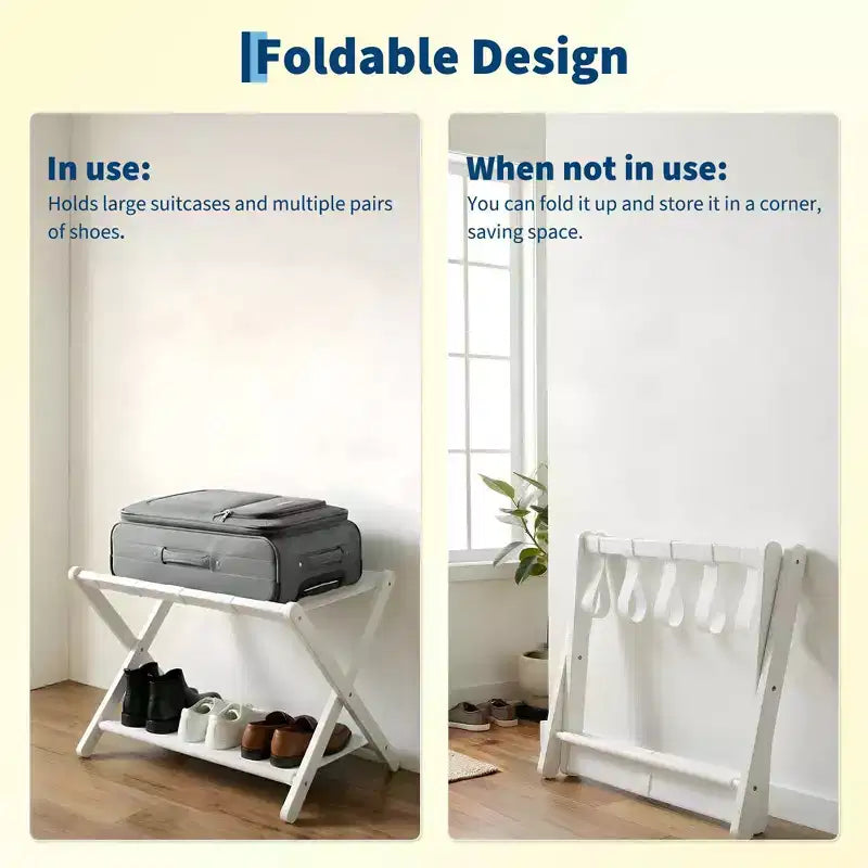 Porte-bagages pliant en bambou avec étagère à 2 niveaux, support blanc pour valise pouvant supporter 110 lb, organisateur de voyage peu encombrant