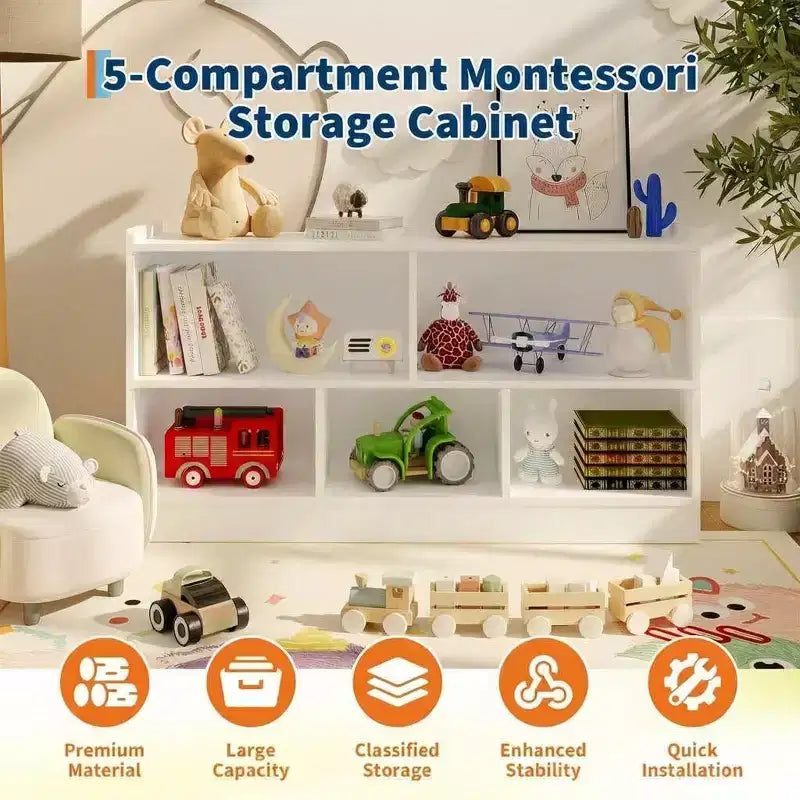 Organisateur de rangement pour jouets en bois, rangement scolaire à 5 compartiments pour livres et jouets, bibliothèque simple pour salle de jeux