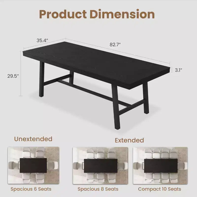 Ausziehbarer Esstisch, 63-83 Zoll, rechteckiger Esszimmertisch im Industrial-Stil für 6-8 Personen, erweiterbarer Küchentisch mit robustem Metallgestell