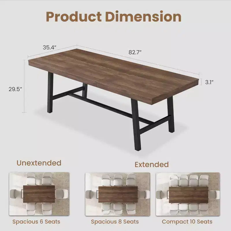 Ausziehbarer Esstisch, 63-83 Zoll, rechteckiger Esszimmertisch im Industrial-Stil für 6-8 Personen, erweiterbarer Küchentisch mit robustem Metallgestell