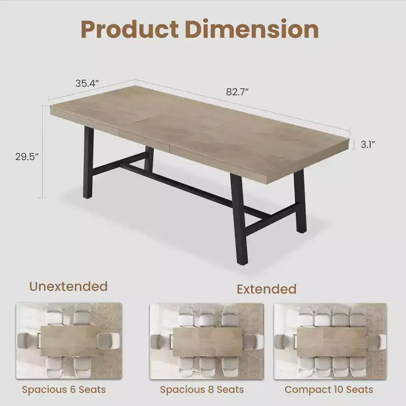 Ausziehbarer Esstisch, 63-83 Zoll, rechteckiger Esszimmertisch im Industrial-Stil für 6-8 Personen, erweiterbarer Küchentisch mit robustem Metallgestell