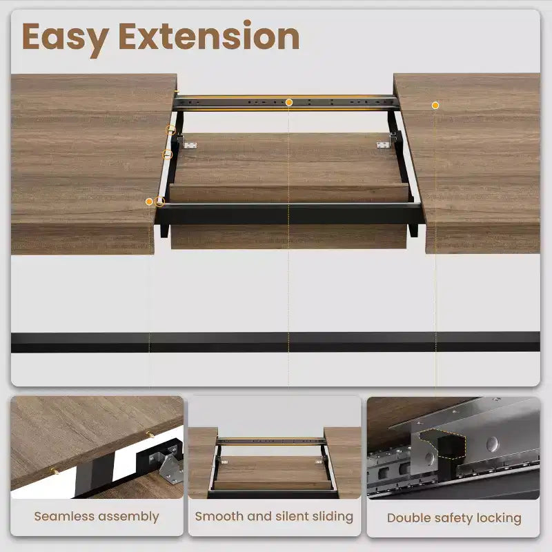Table à manger extensible de 63-83, table rectangulaire industrielle pour 6 à 8 personnes, table de cuisine extensible avec piètement en métal robuste