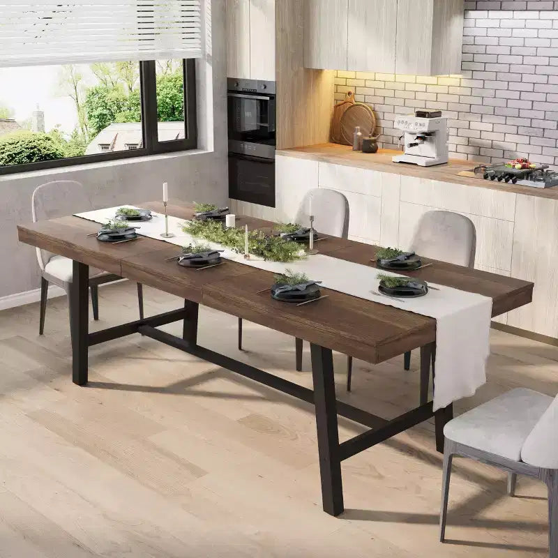 Table à manger extensible de 63-83, table rectangulaire industrielle pour 6 à 8 personnes, table de cuisine extensible avec piètement en métal robuste