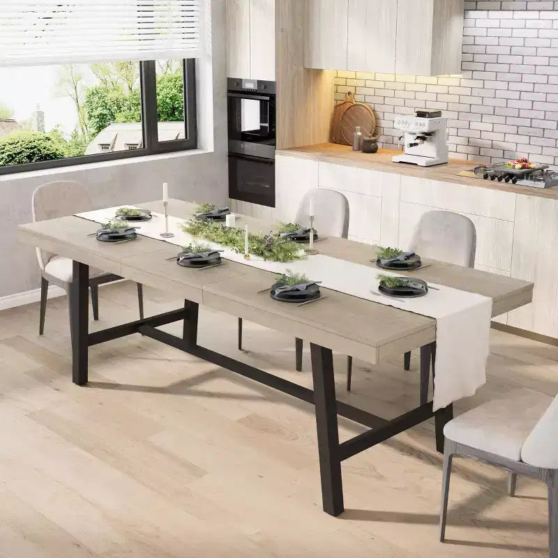 Table à manger extensible de 63-83, table rectangulaire industrielle pour 6 à 8 personnes, table de cuisine extensible avec piètement en métal robuste