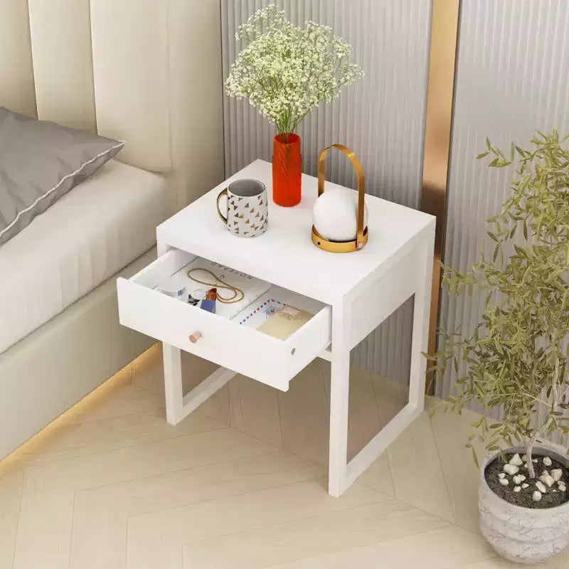 Mesita de noche minimalista con cajón de almacenamiento, redonda/cilíndrica