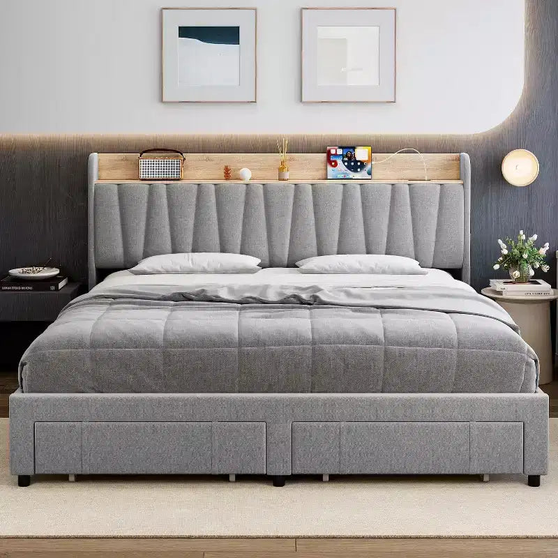 Estructura de cama tapizada tamaño king, cama con plataforma y cabecero con almacenamiento, cajones, resistente, no requiere somier, fácil de montar, gris