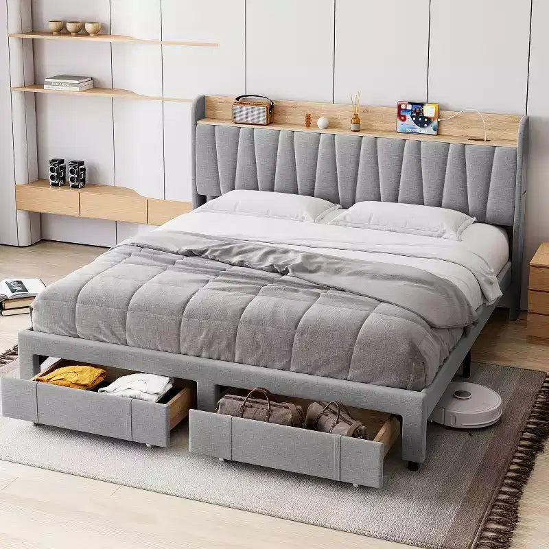 Estructura de cama tapizada tamaño king, cama con plataforma y cabecero con almacenamiento, cajones, resistente, no requiere somier, fácil de montar, gris