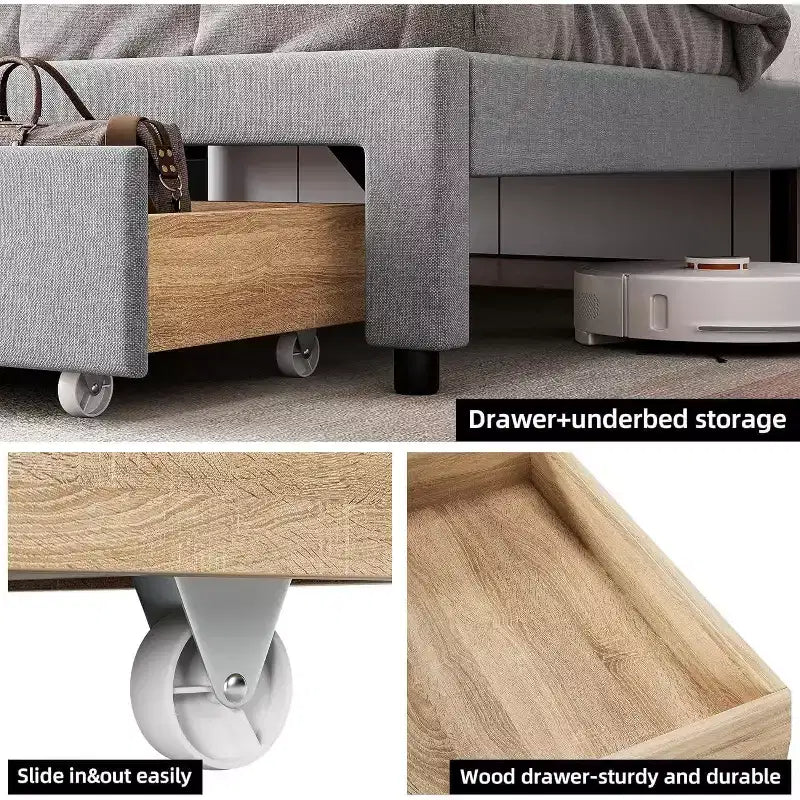 Estructura de cama tapizada tamaño king, cama con plataforma y cabecero con almacenamiento, cajones, resistente, no requiere somier, fácil de montar, gris