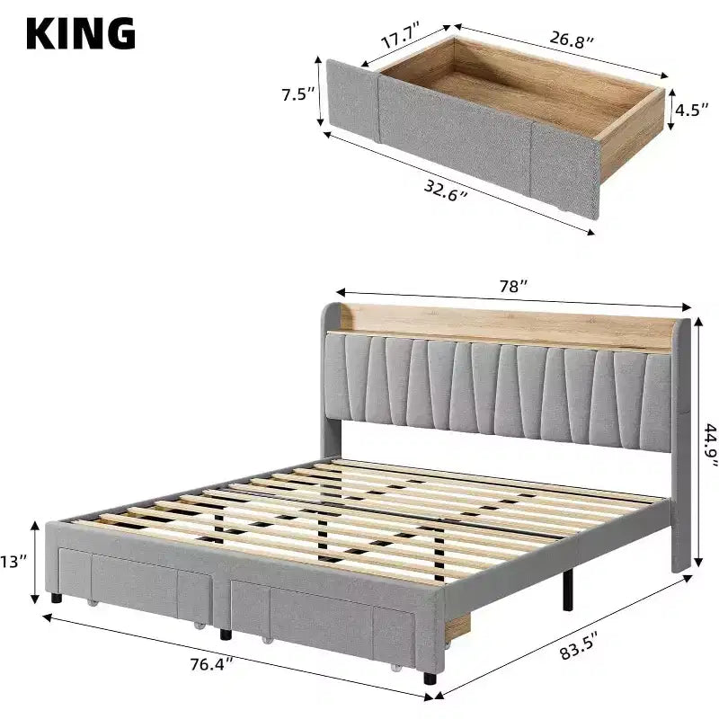 Gepolstertes Bettgestell in Kingsize-Größe, Plattformbett mit Stauraum-Kopfteil und Schubladen, hochbelastbar, kein Lattenrost erforderlich, einfache Montage, Grau