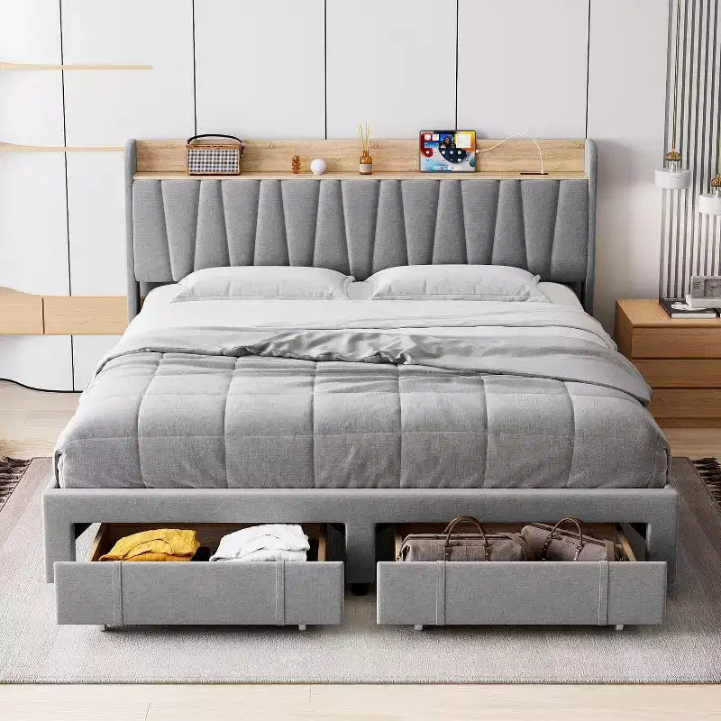 Gepolstertes Bettgestell in Kingsize-Größe, Plattformbett mit Stauraum-Kopfteil und Schubladen, hochbelastbar, kein Lattenrost erforderlich, einfache Montage, Grau
