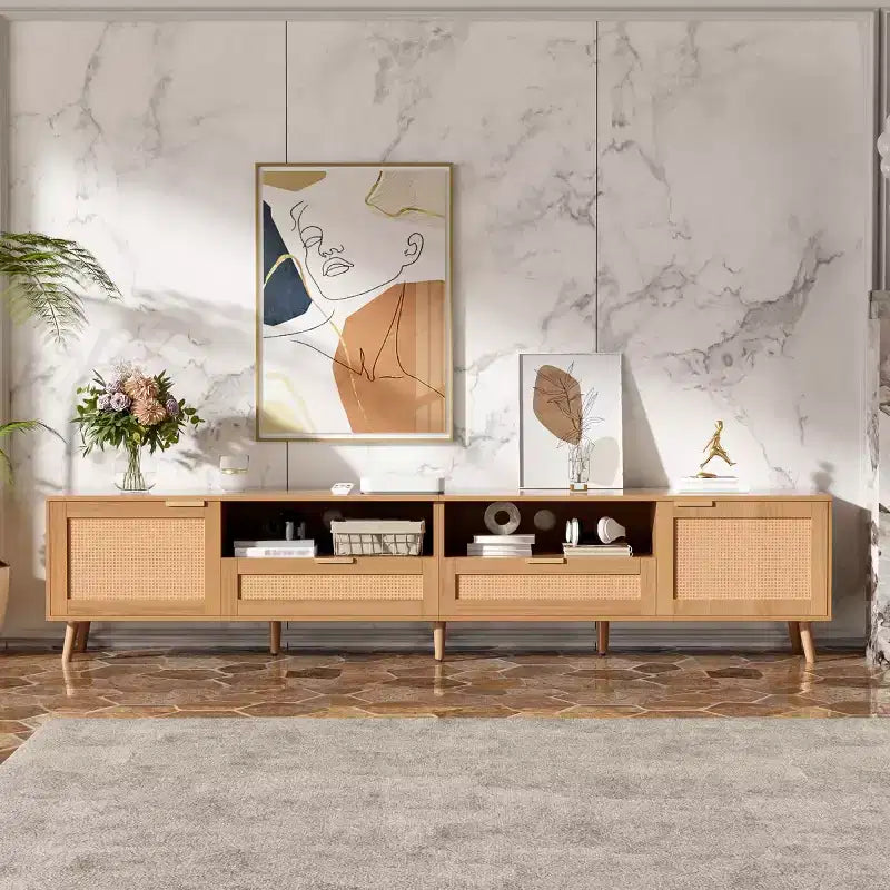 Meuble TV en rotin pour téléviseurs jusqu’à 90, console multimédia bohème de style maison de campagne avec placards de rangement, meuble de divertissement pour salon