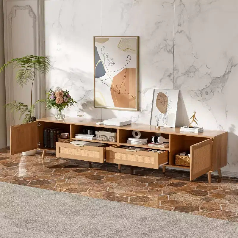 Meuble TV en rotin pour téléviseurs jusqu’à 90, console multimédia bohème de style maison de campagne avec placards de rangement, meuble de divertissement pour salon