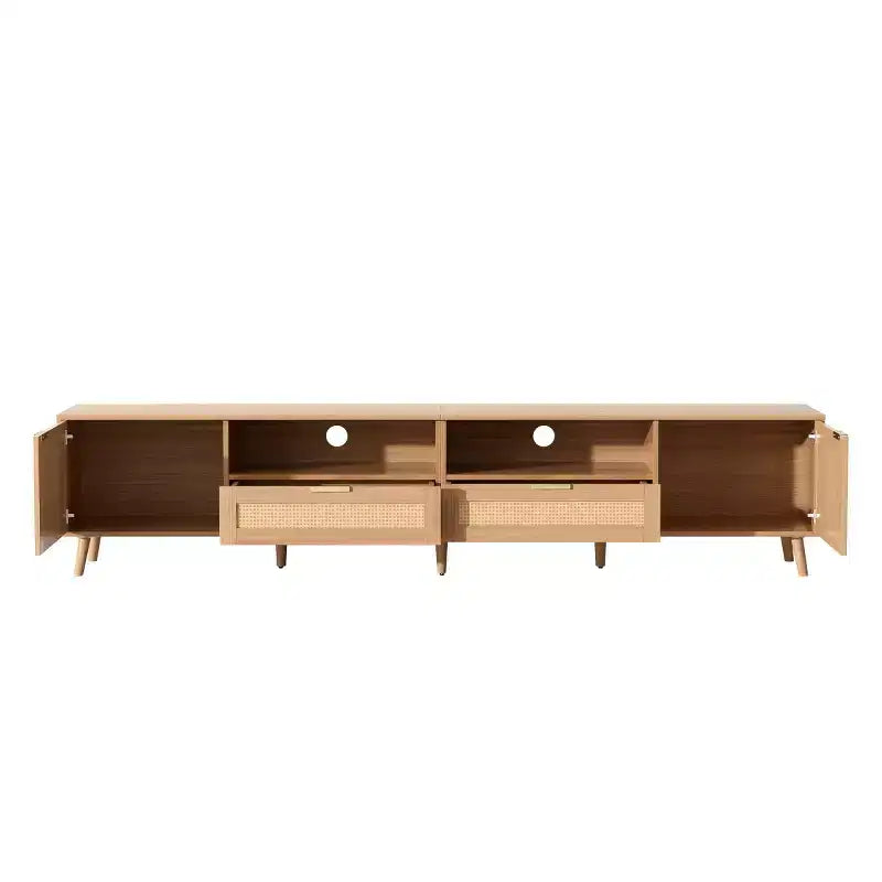 Meuble TV en rotin pour téléviseurs jusqu’à 90, console multimédia bohème de style maison de campagne avec placards de rangement, meuble de divertissement pour salon