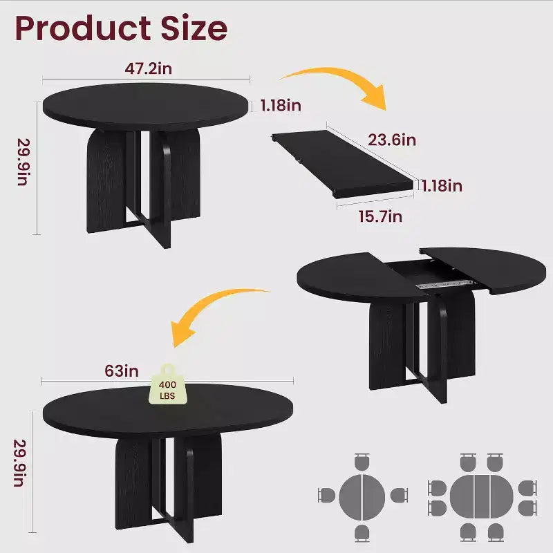 Table de salle à manger ronde extensible de 47-63 po pour 4-8 personnes, table de cuisine extensible en bois de style campagnard avec structure métallique, forme ovale peu encombrante pour appartement, gris rétro