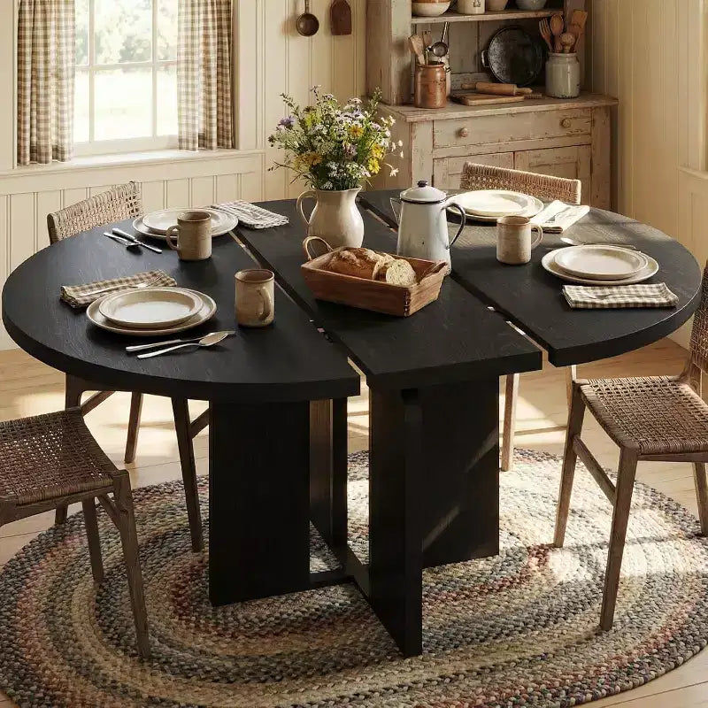 Table de salle à manger ronde extensible de 47-63 po pour 4-8 personnes, table de cuisine extensible en bois de style campagnard avec structure métallique, forme ovale peu encombrante pour appartement, gris rétro