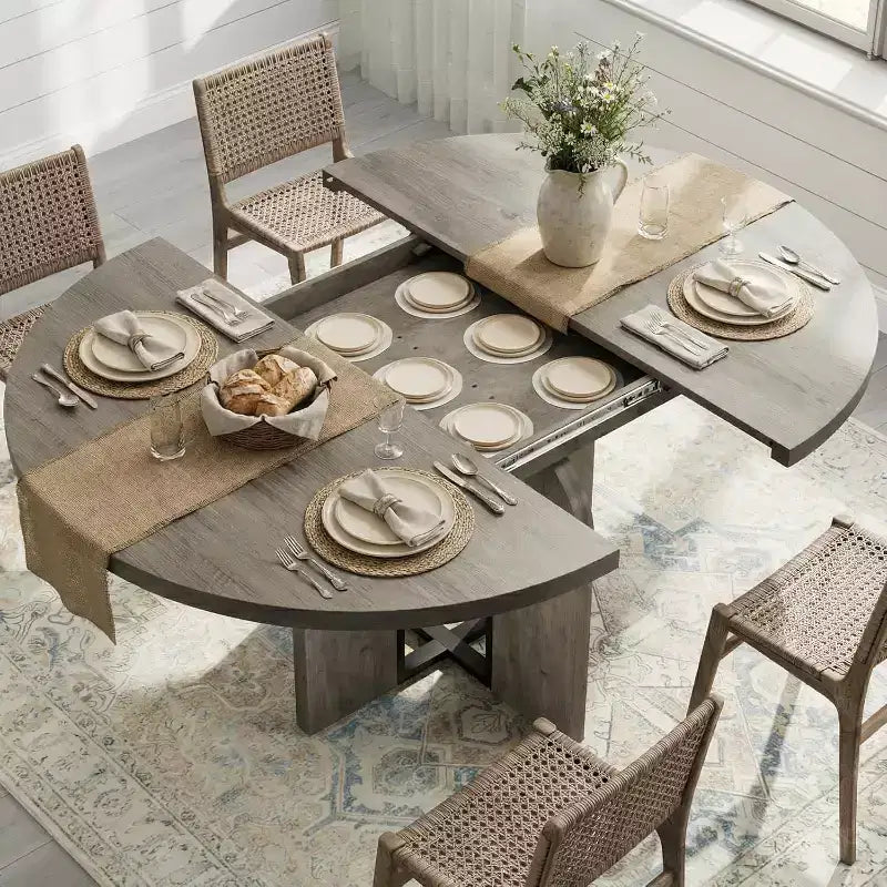 Table de salle à manger ronde extensible de 47-63 po pour 4-8 personnes, table de cuisine extensible en bois de style campagnard avec structure métallique, forme ovale peu encombrante pour appartement, gris rétro