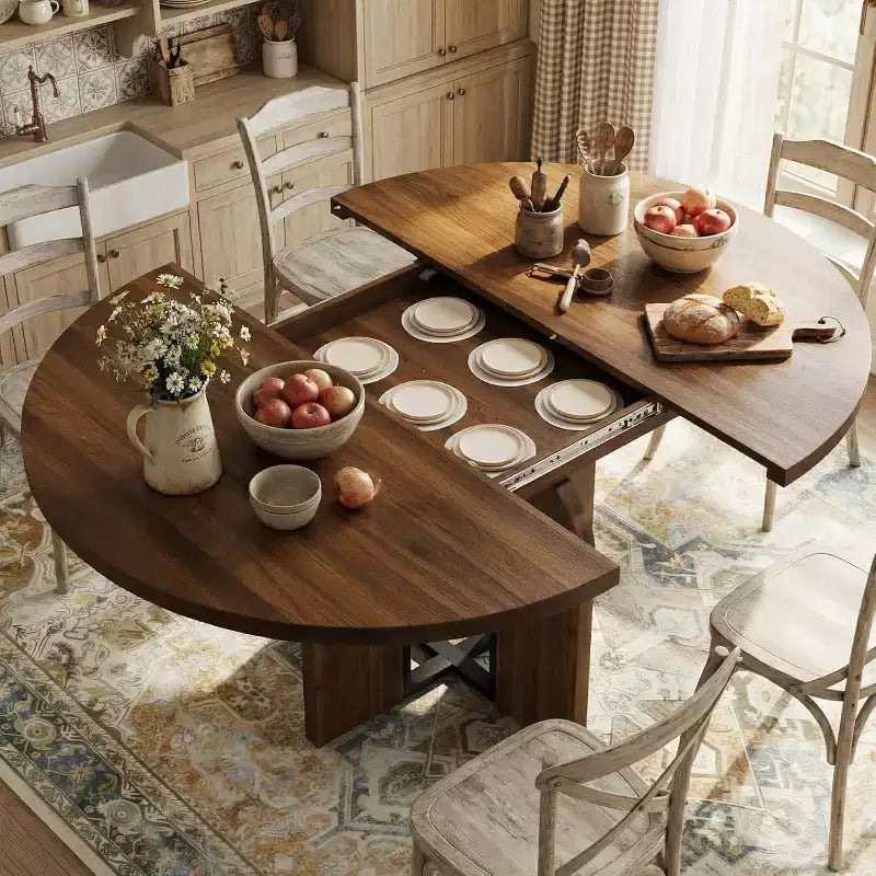 Table de salle à manger ronde extensible de 47-63 po pour 4-8 personnes, table de cuisine extensible en bois de style campagnard avec structure métallique, forme ovale peu encombrante pour appartement, gris rétro