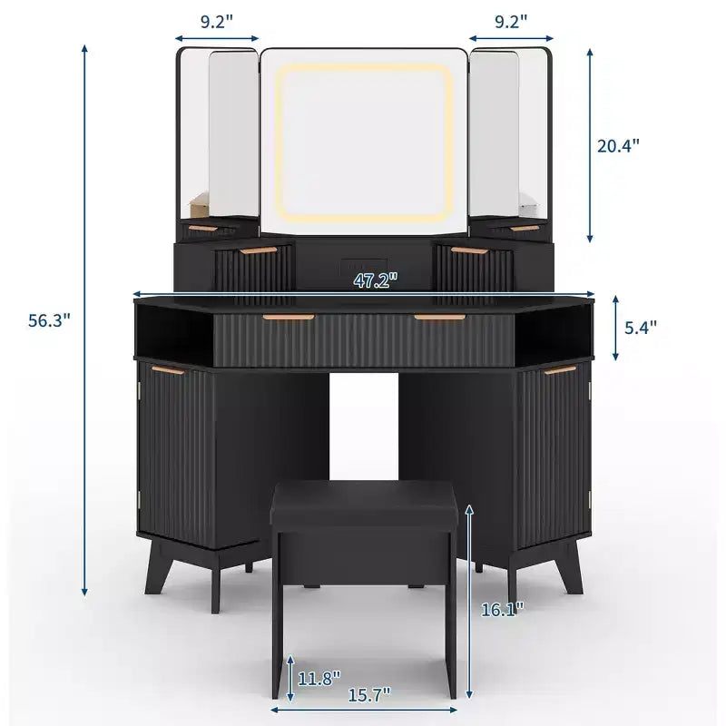 Eck-Schminktisch mit Beleuchtung, 119,4 cm Holztisch mit dreiteiligem Klappspiegel und Glasplatte, Schminktisch-Set mit Hocker fürs Schlafzimmer