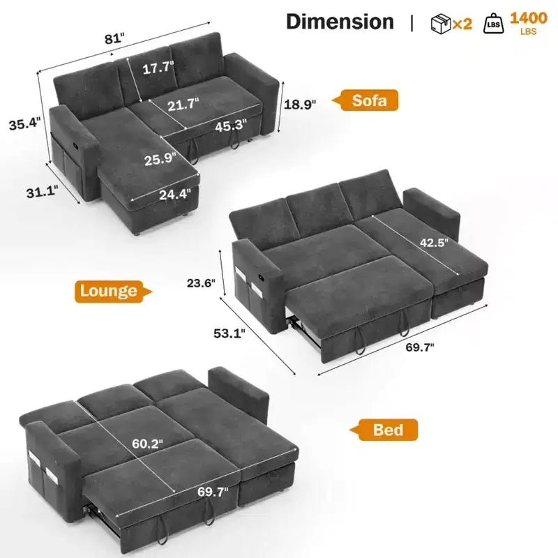 Sofá cama extraíble 2 en 1 con chaise longue con almacenamiento, sofá seccional de chenilla en C con puertos USB para sala de estar