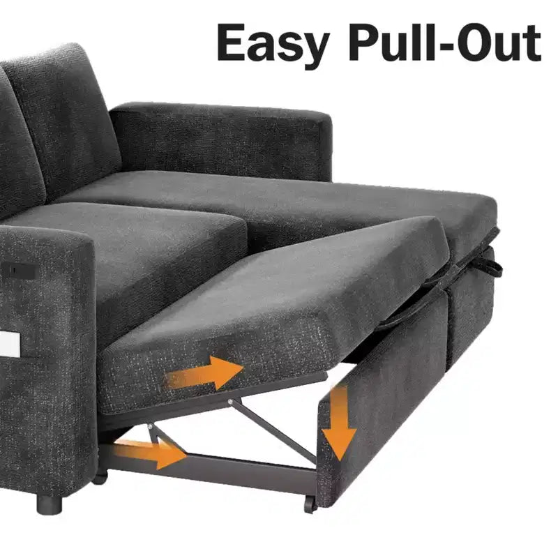 Sofá cama extraíble 2 en 1 con chaise longue con almacenamiento, sofá seccional de chenilla en C con puertos USB para sala de estar