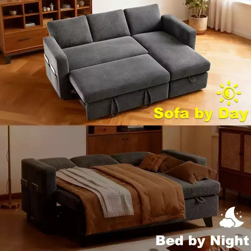 Sofá cama extraíble 2 en 1 con chaise longue con almacenamiento, sofá seccional de chenilla en C con puertos USB para sala de estar