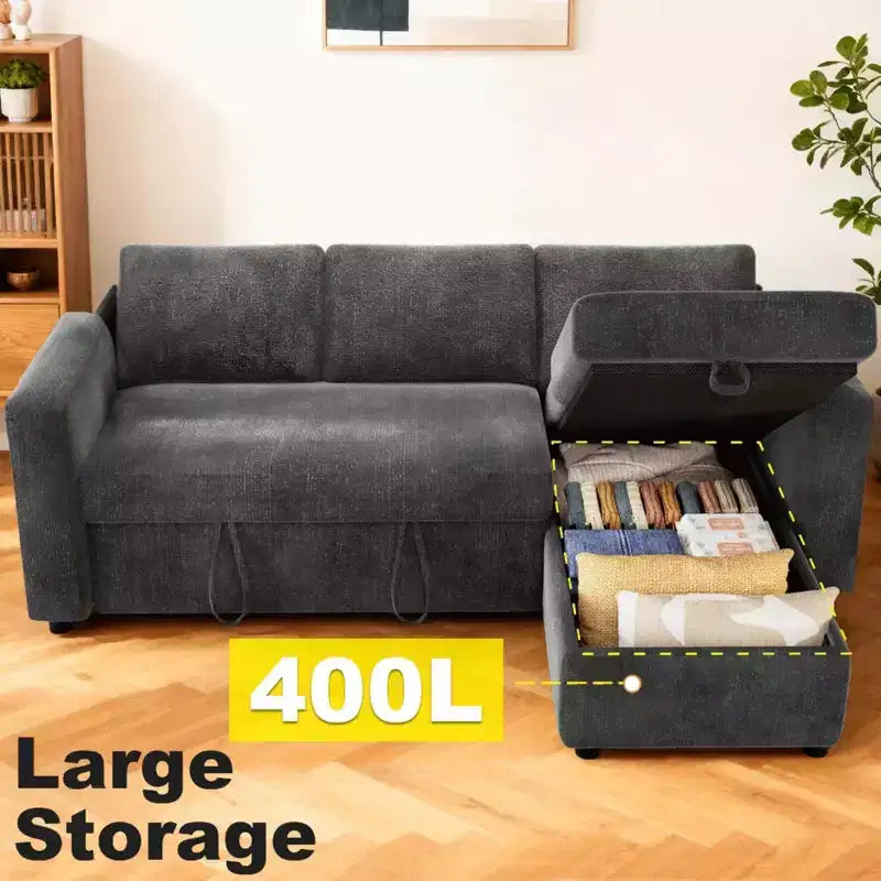 Sofá cama extraíble 2 en 1 con chaise longue con almacenamiento, sofá seccional de chenilla en C con puertos USB para sala de estar