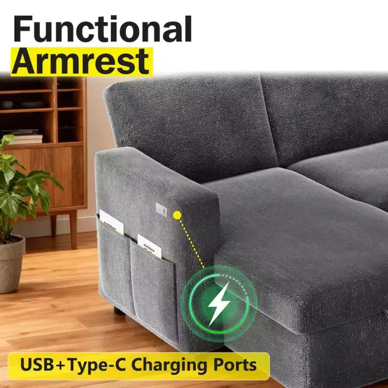 Sofá cama extraíble 2 en 1 con chaise longue con almacenamiento, sofá seccional de chenilla en C con puertos USB para sala de estar