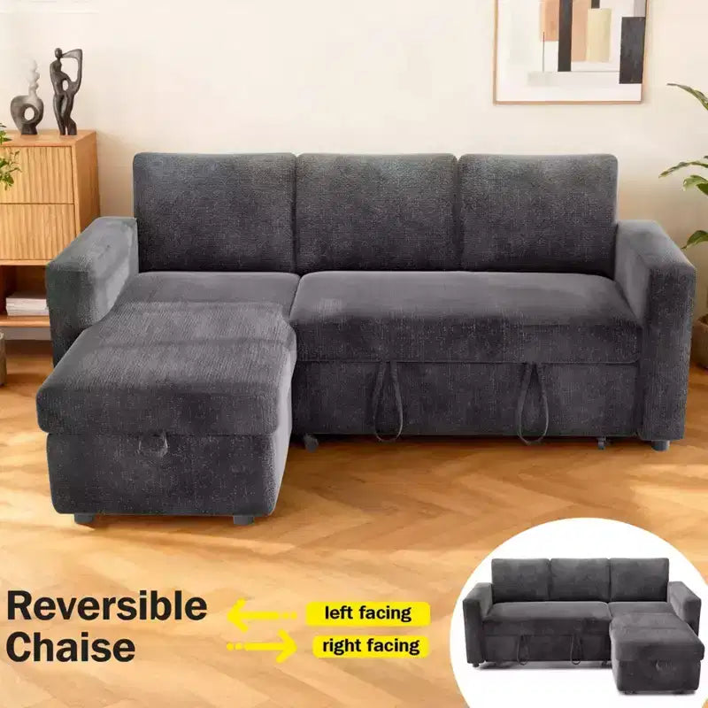 Sofá cama extraíble 2 en 1 con chaise longue con almacenamiento, sofá seccional de chenilla en C con puertos USB para sala de estar
