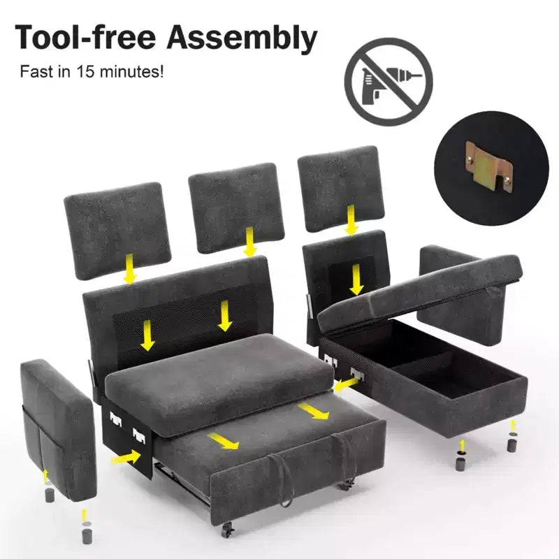 Sofá cama extraíble 2 en 1 con chaise longue con almacenamiento, sofá seccional de chenilla en C con puertos USB para sala de estar