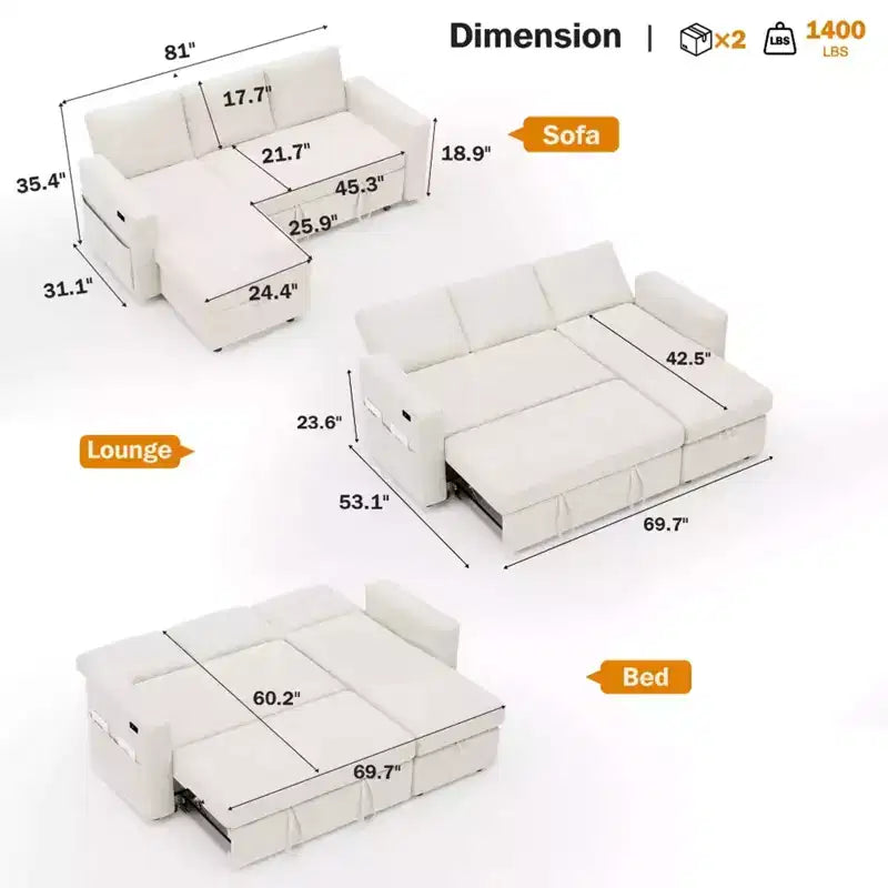 Sofá cama extraíble 2 en 1 con chaise longue con almacenamiento, sofá seccional de chenilla en C con puertos USB para sala de estar