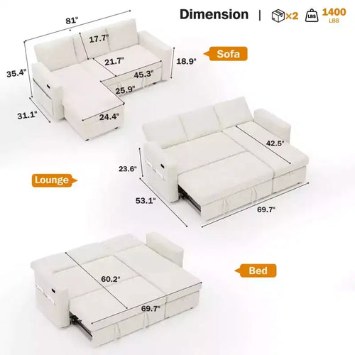 Canapé-lit convertible 2-en-1 avec méridienne de rangement, canapé d’angle en chenille C avec ports USB pour le salon