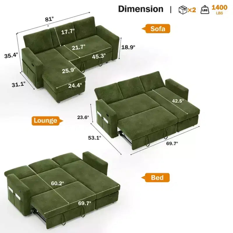 Sofá cama extraíble 2 en 1 con chaise longue con almacenamiento, sofá seccional de chenilla en C con puertos USB para sala de estar