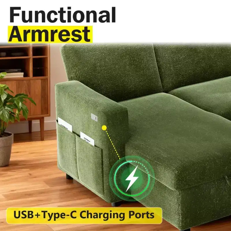 Sofá cama extraíble 2 en 1 con chaise longue con almacenamiento, sofá seccional de chenilla en C con puertos USB para sala de estar