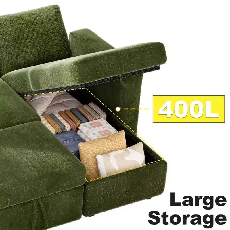 Sofá cama extraíble 2 en 1 con chaise longue con almacenamiento, sofá seccional de chenilla en C con puertos USB para sala de estar