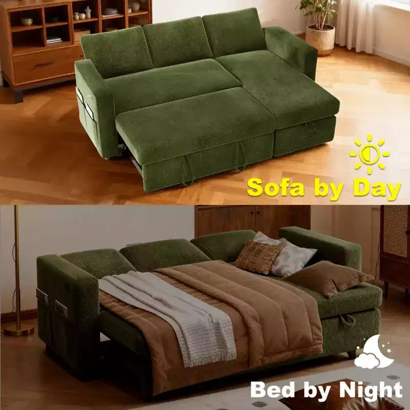 Sofá cama extraíble 2 en 1 con chaise longue con almacenamiento, sofá seccional de chenilla en C con puertos USB para sala de estar
