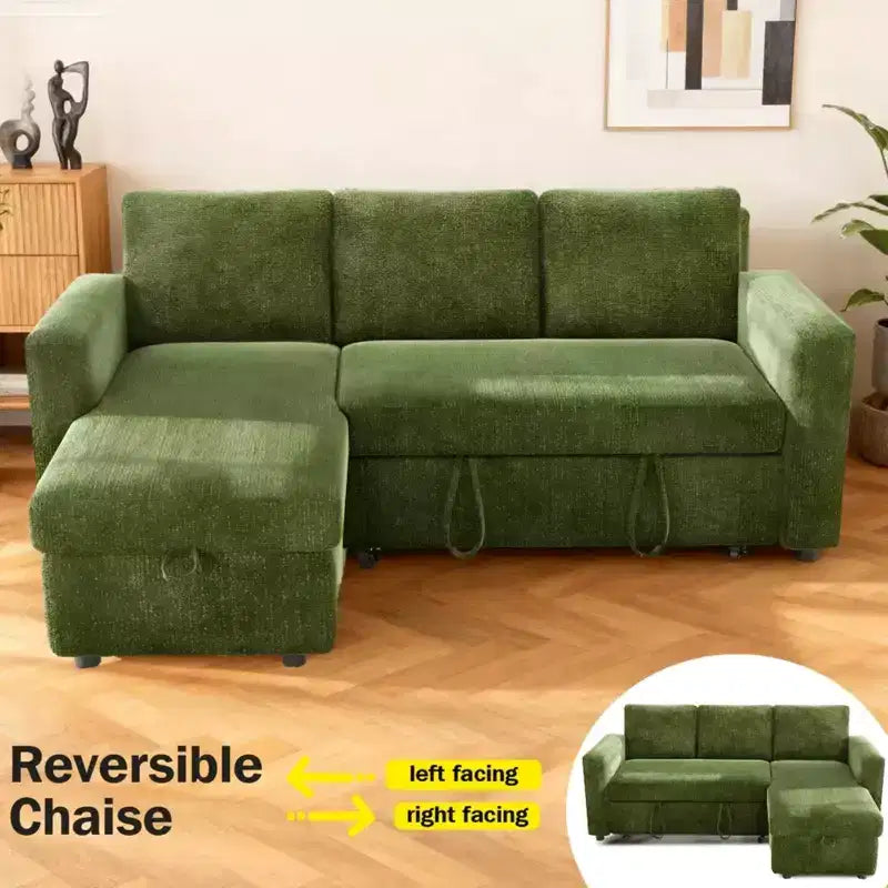 Sofá cama extraíble 2 en 1 con chaise longue con almacenamiento, sofá seccional de chenilla en C con puertos USB para sala de estar