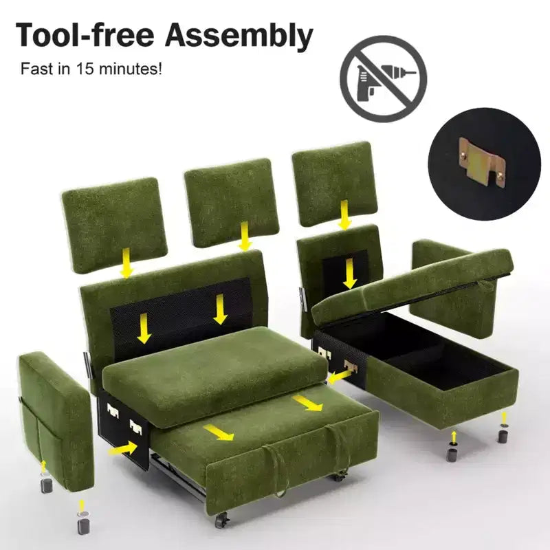 Sofá cama extraíble 2 en 1 con chaise longue con almacenamiento, sofá seccional de chenilla en C con puertos USB para sala de estar