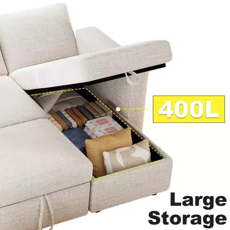Sofá cama extraíble 2 en 1 con chaise longue con almacenamiento, sofá seccional de chenilla en C con puertos USB para sala de estar