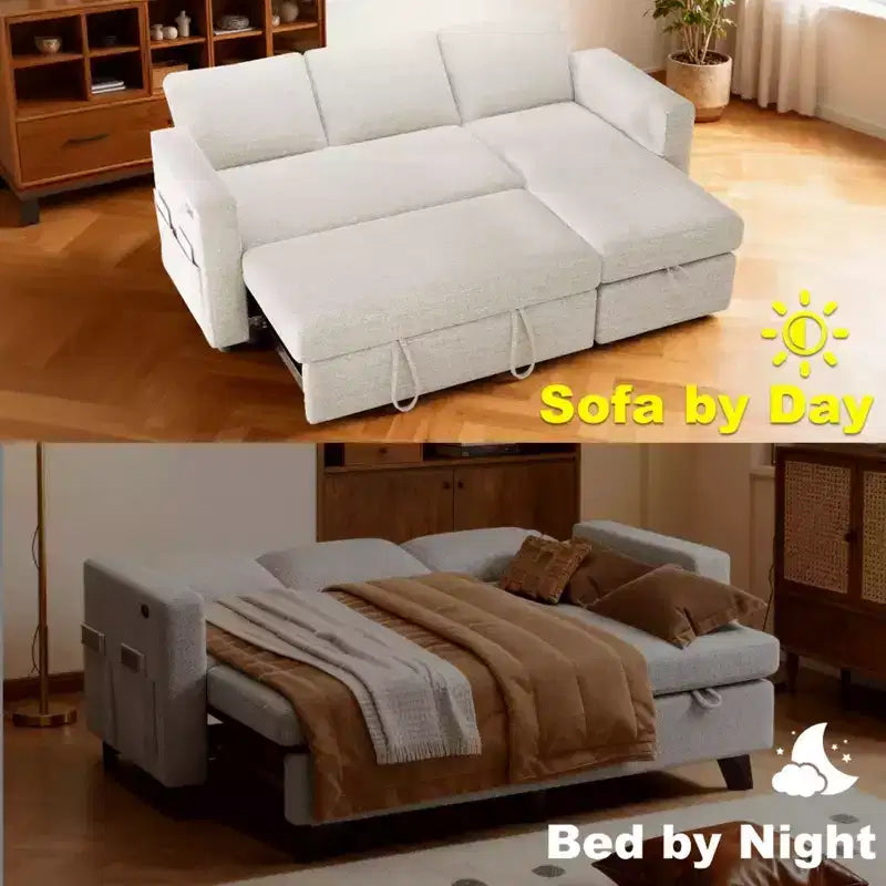 Sofá cama extraíble 2 en 1 con chaise longue con almacenamiento, sofá seccional de chenilla en C con puertos USB para sala de estar
