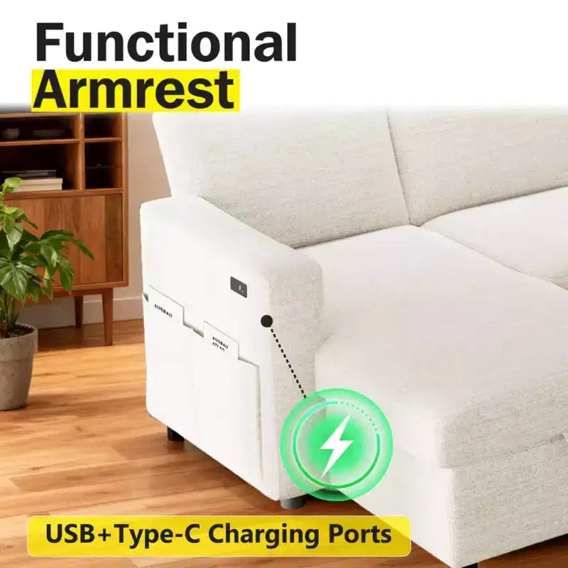 Sofá cama extraíble 2 en 1 con chaise longue con almacenamiento, sofá seccional de chenilla en C con puertos USB para sala de estar