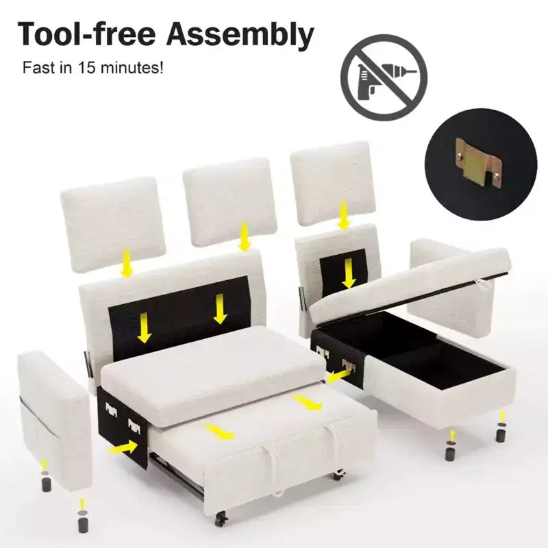 Sofá cama extraíble 2 en 1 con chaise longue con almacenamiento, sofá seccional de chenilla en C con puertos USB para sala de estar