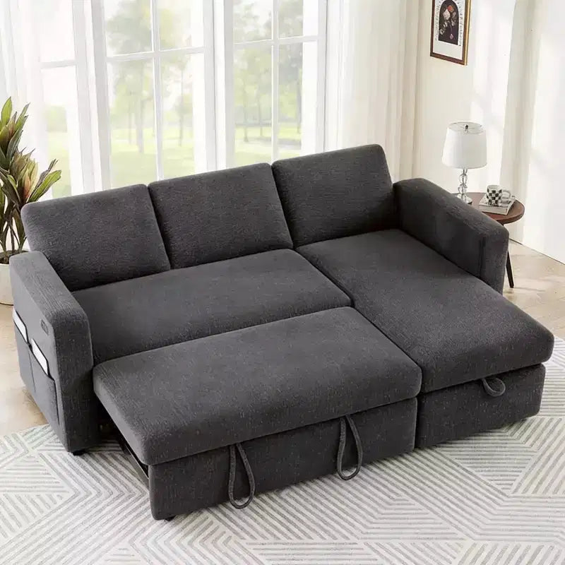 Sofá cama extraíble 2 en 1 con chaise longue con almacenamiento, sofá seccional de chenilla en C con puertos USB para sala de estar
