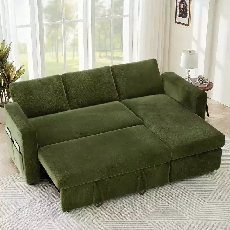 Sofá cama extraíble 2 en 1 con chaise longue con almacenamiento, sofá seccional de chenilla en C con puertos USB para sala de estar