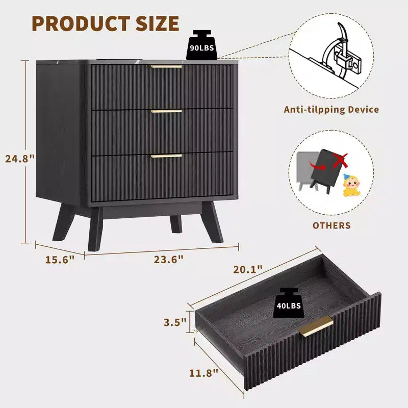 Table de chevet, table de nuit de 24'' avec station de recharge et 3 tiroirs, table de chevet moderne en bois de style milieu du siècle pour chambre, table d'appoint pour salon