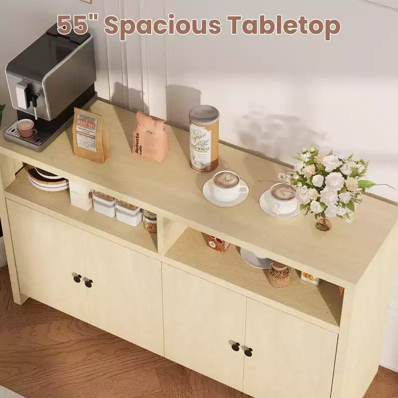 55 Landhaus-Buffetschrank - 4-türiger Kaffeeschrank aus Holz mit verstellbaren Ablagen für Küche, Ess- und Wohnzimmer