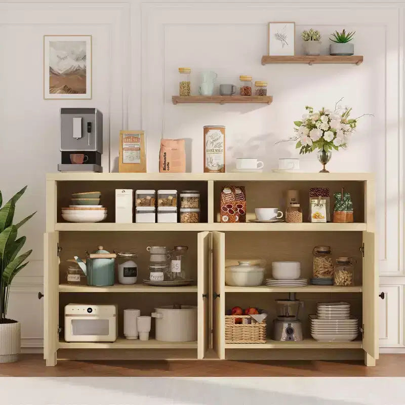 55 Landhaus-Buffetschrank - 4-türiger Kaffeeschrank aus Holz mit verstellbaren Ablagen für Küche, Ess- und Wohnzimmer