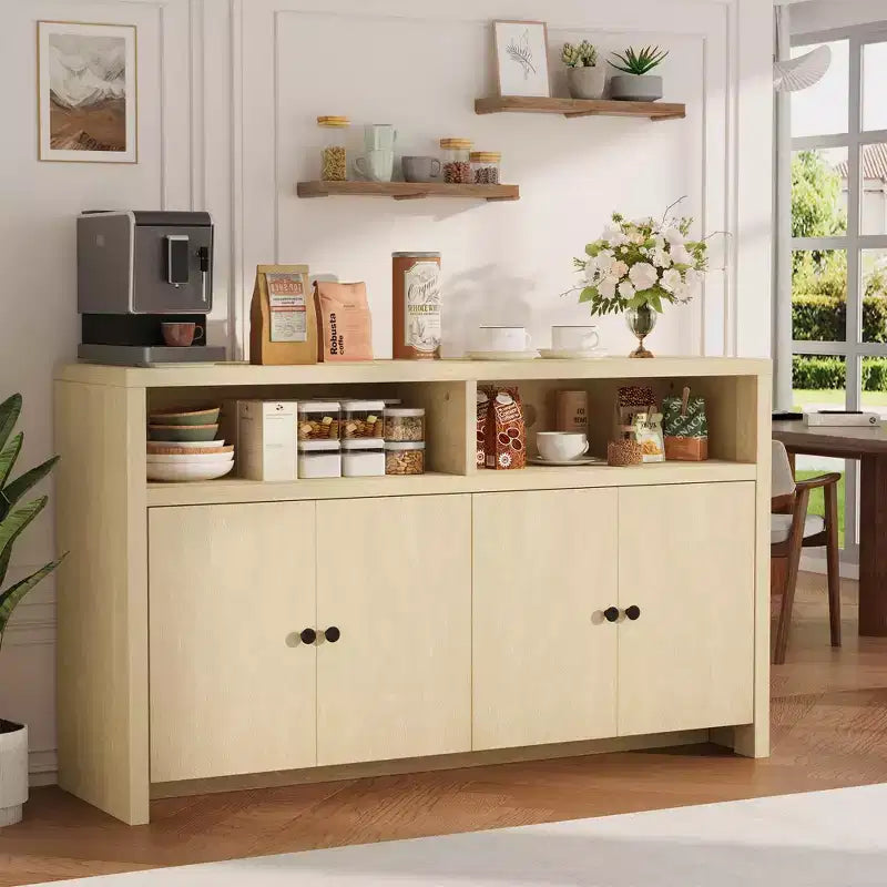 55 Landhaus-Buffetschrank - 4-türiger Kaffeeschrank aus Holz mit verstellbaren Ablagen für Küche, Ess- und Wohnzimmer